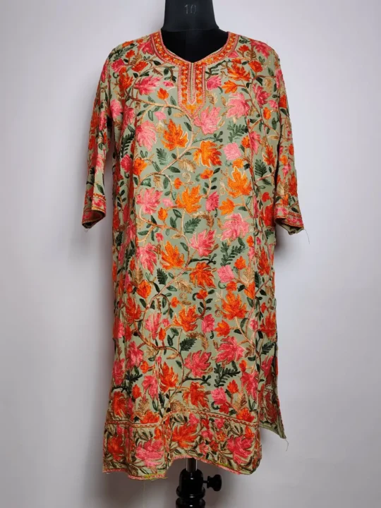 Beige Insaf Georgette Long Kurti with All-over Aari Embroidery