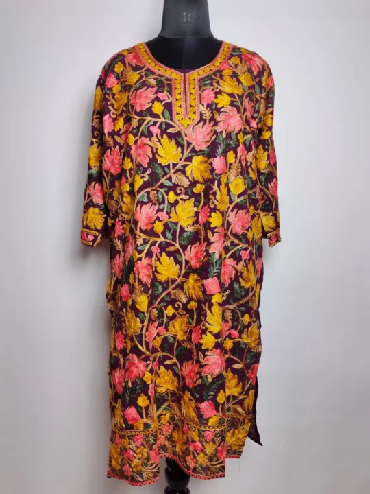 Shabnam Georgette Wine Long Kurti with All-over Aari Embroidery