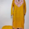 Namreen Mustard Long Kashmiri Ruby Cotton Co-ord Set with Aari Embroidery