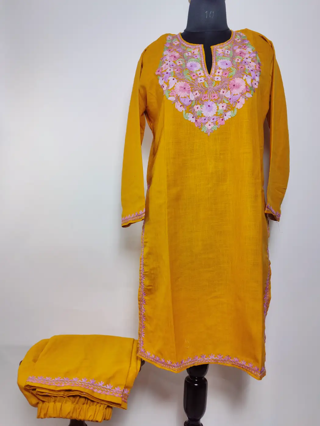 Namreen Mustard Long Kashmiri Ruby Cotton Co-ord Set with Aari Embroidery