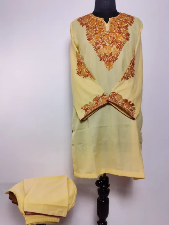 Yellow Kashmiri Sabeen LongSummer Cool Co-ord Set with Aari Embroidery