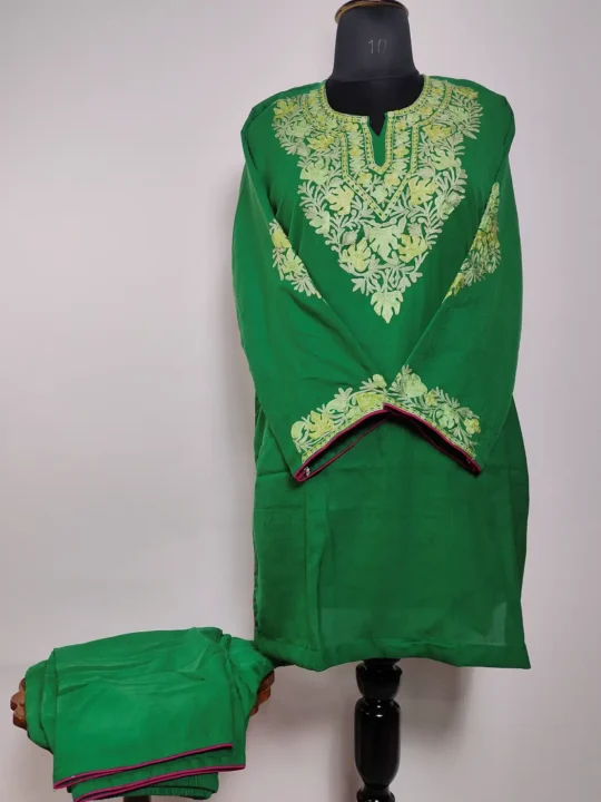 Dark Green Kashmiri Short Summer Cool Co-ord Set with Aari Embroidery Lamees