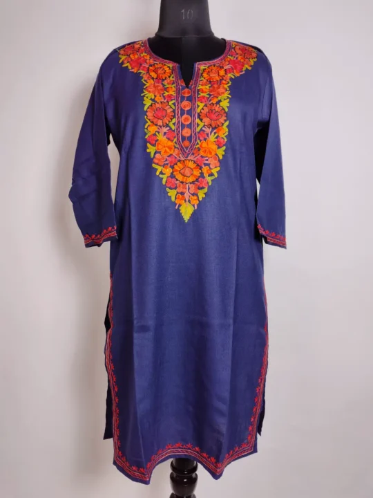 Hoor Long Cotton Full Sleeve Dark Blue Kashmiri Kurti with Aari Embroidery