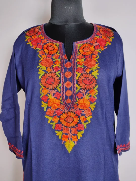 Hoor Long Cotton Dark Blue Kurti with Aari Embroidery