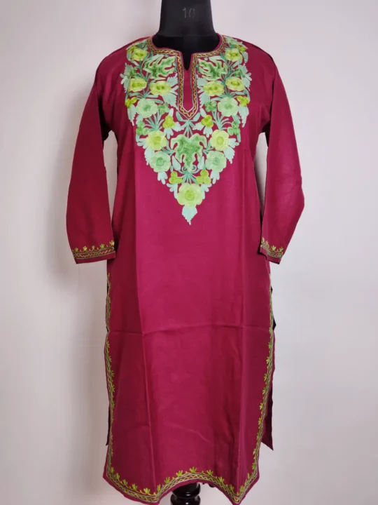 Maroon Long Cotton Kurti with Kashmiri Norain Aari Embroidery
