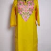 Long Yellow Pari Cotton Kurti with Aari Embroidery