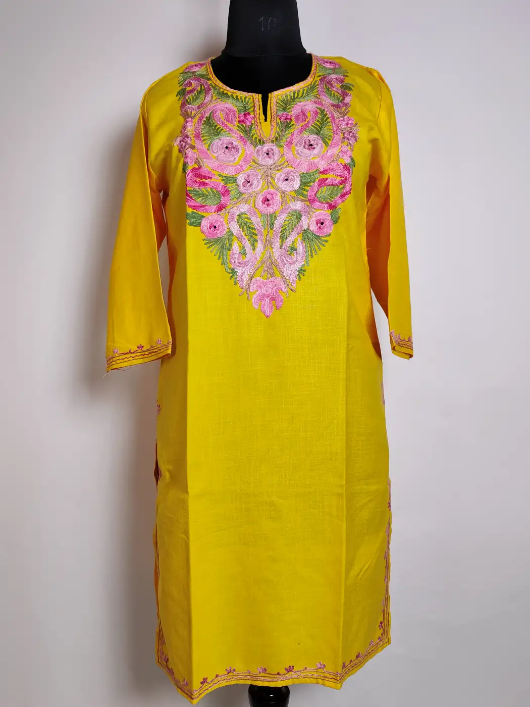 Long Yellow Pari Cotton Kurti with Aari Embroidery