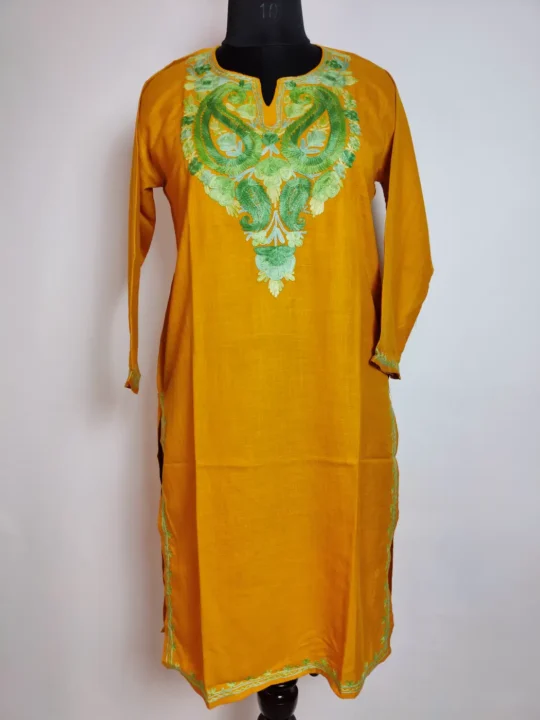 Mustard Full Sleeve Long Cotton Kashmiri Kurti with Inaya Aari Embroidery