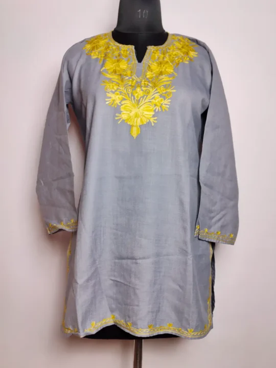Grey Short Cotton Fiza Kurti with Aari Embroidery