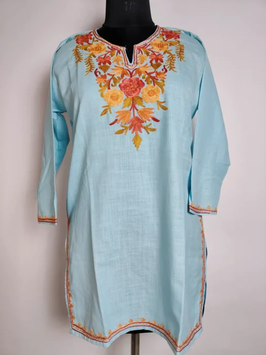 Sky Blue Short Cotton Kurti with Aari Embroidery Kashmiri Hayat