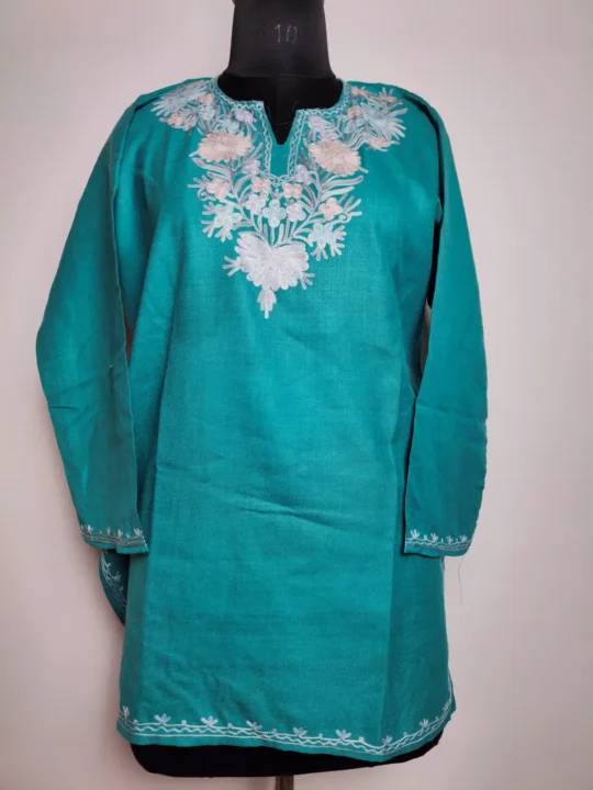 Oceanic Green Short Cotton Kurti with Aari Embroidery Kashish