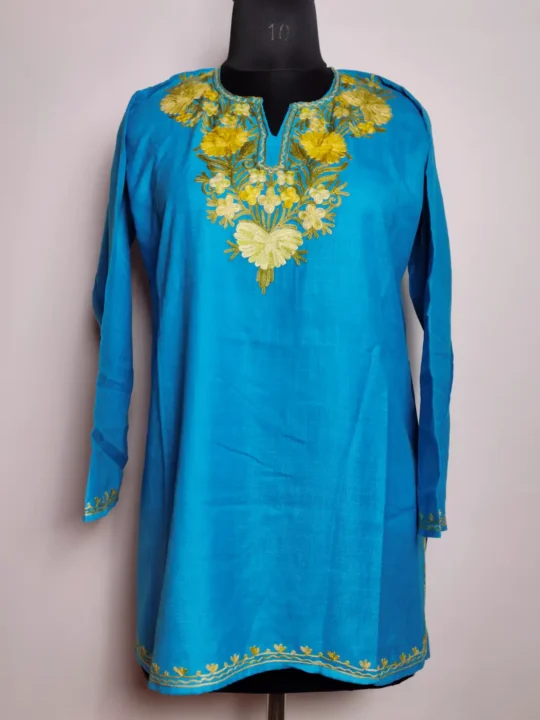 Kiran Blue Short Cotton Kurti with Aari Embroidery