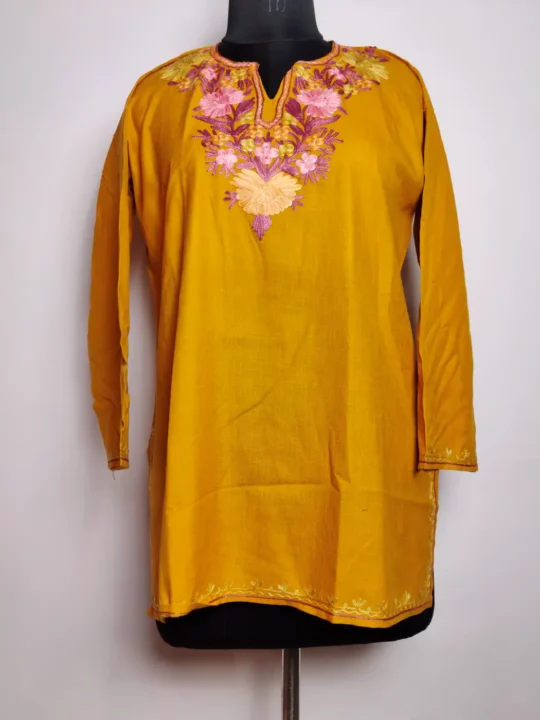 Mustard Short Cotton Kurti with Aari Embroidery Mehar