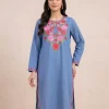 Mahjabeen Dark Grey Long Cotton Kashmiri Kurti with Aari Embroidery