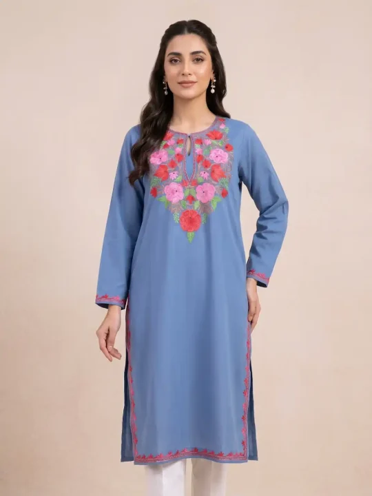 Mahjabeen Dark Grey Long Cotton Kashmiri Kurti with Aari Embroidery
