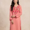 Coral Pink Kashmiri Summer Cool Cotton Kurti with Aari Work Zareen
