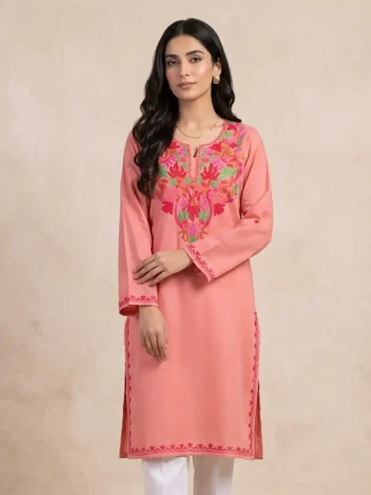 Coral Pink Kashmiri Summer Cool Cotton Kurti with Aari Work Zareen