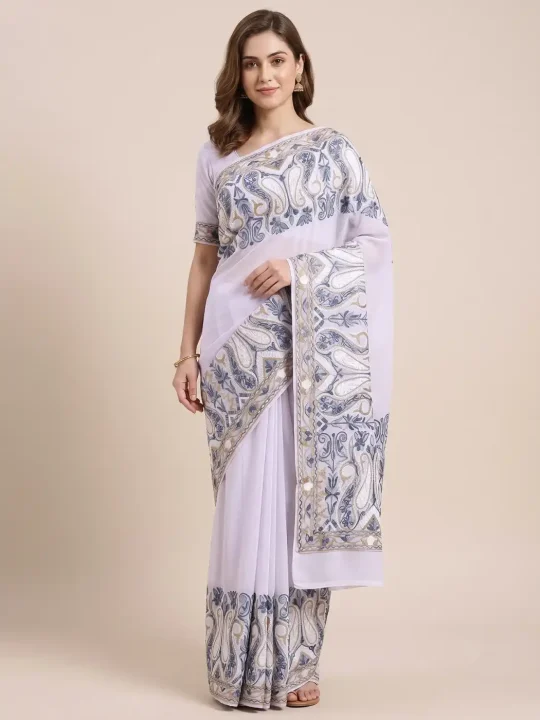 white kashmiri saree with aari embroidery
