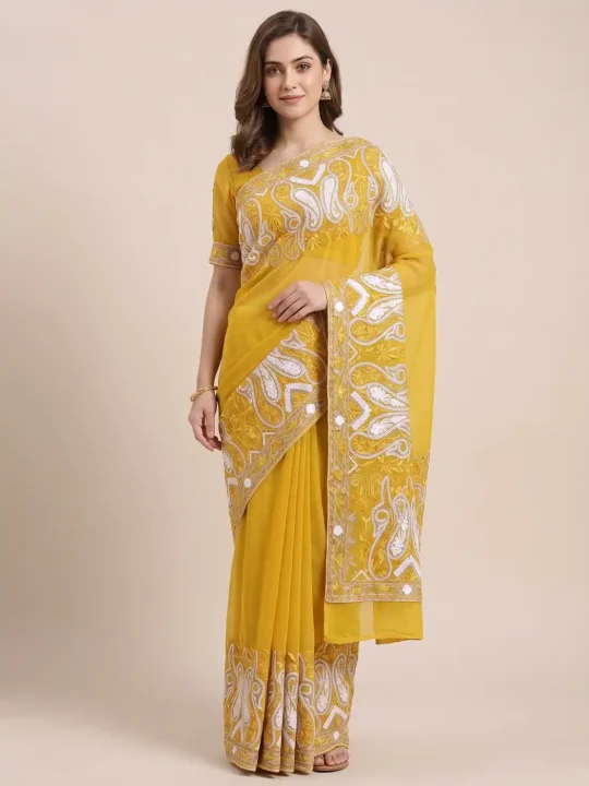 mustard kashmiri saree with aari embroidery