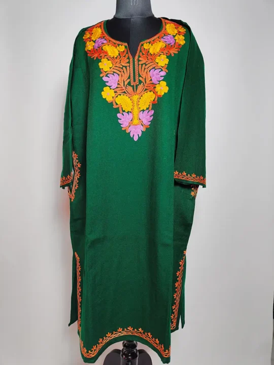 Woolen Dark Green Pheran in Cashmilon with Aari Embroidery Saba
