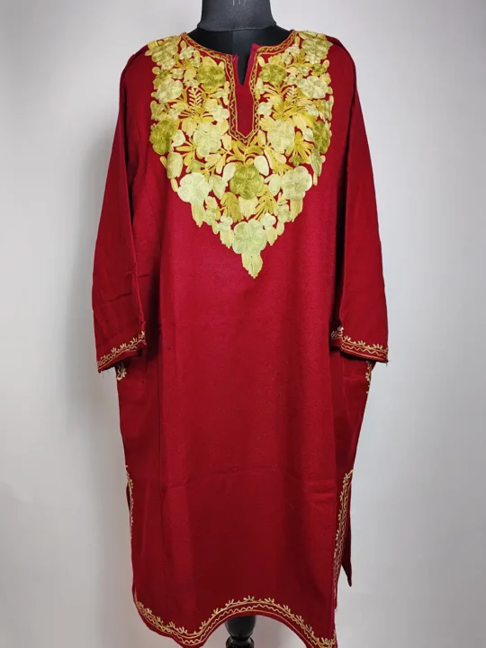 Alamzeb Maroon Pheran Embroidered with Aari in Cashmilon Wool
