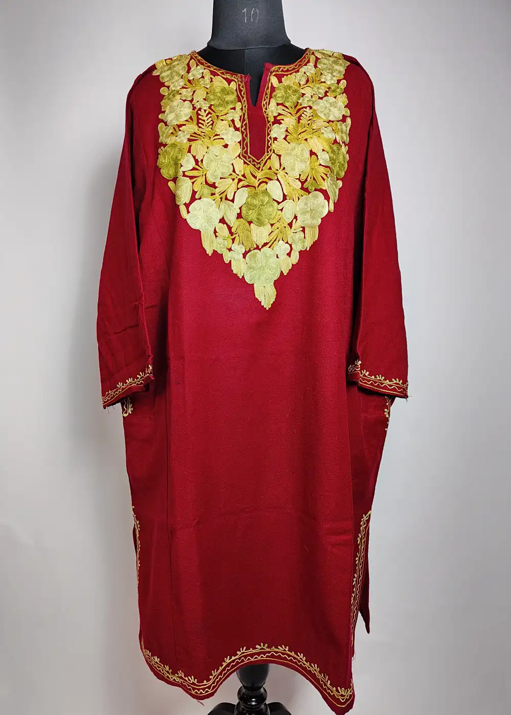 Alamzeb Maroon Pheran Embroidered with Aari in Cashmilon Wool