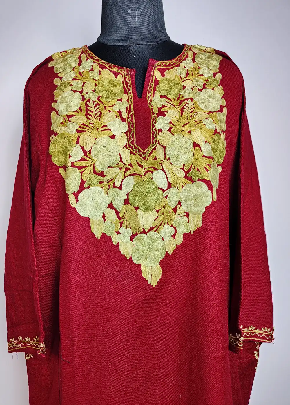 Alamzeb Maroon Pheran Embroidered with Aari in Cashmilon Wool - Image 2