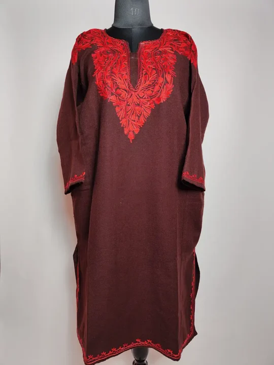 Behtreen Brown Pheran with Front Back Aari Work in Cashmilon Wool