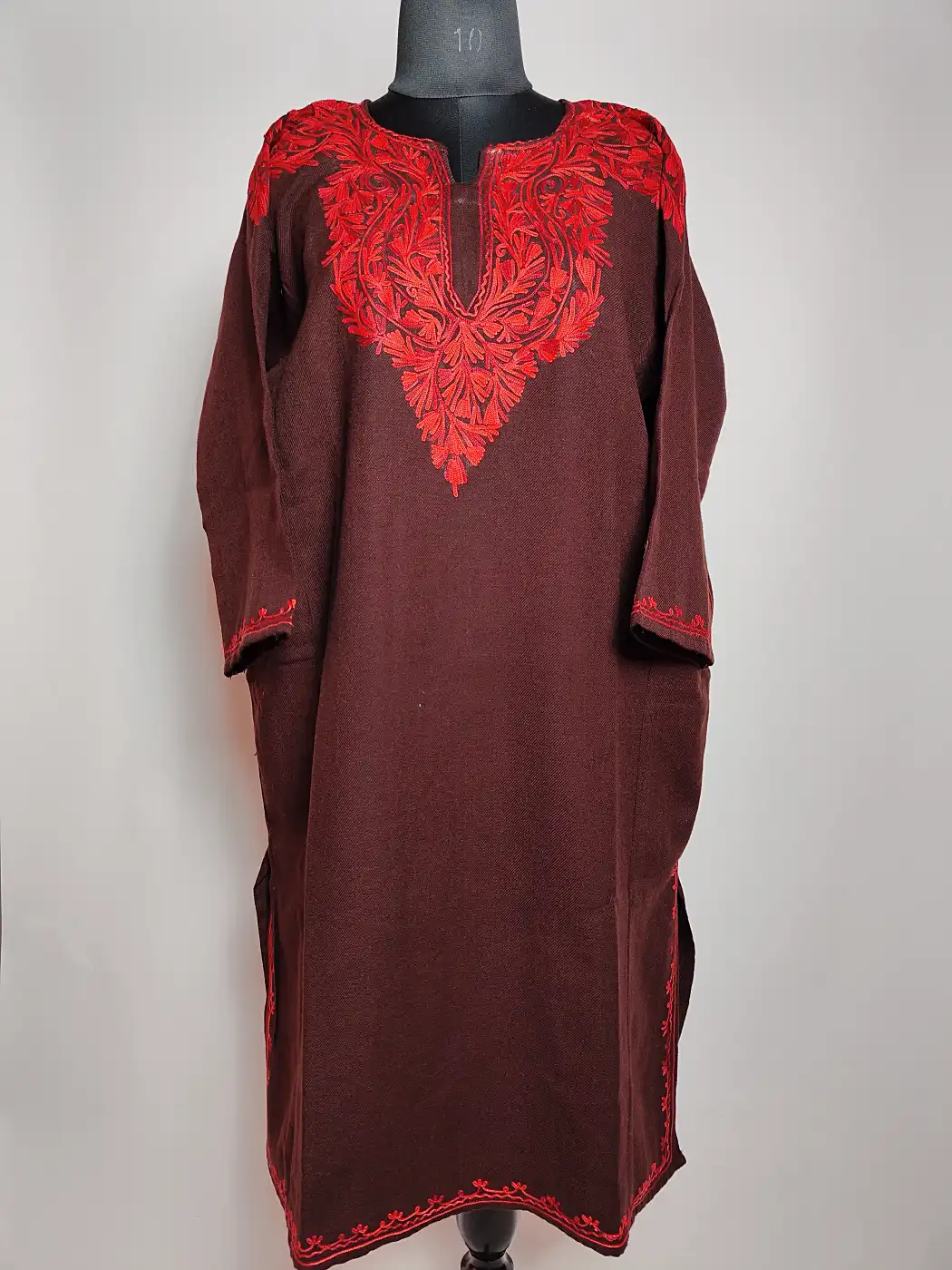 Behtreen Brown Pheran with Front Back Aari Work in Cashmilon Wool