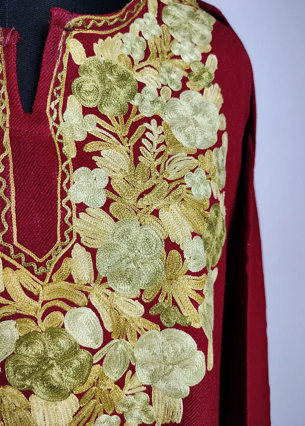 Alamzeb Maroon Pheran Embroidered with Aari in Cashmilon Wool - Image 3