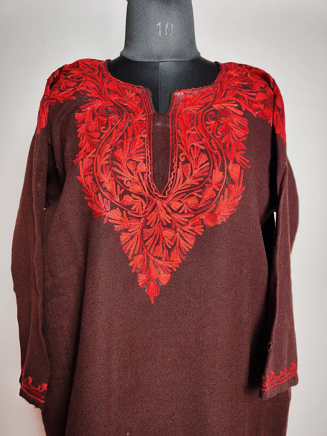 Behtreen Brown Pheran with Front Back Aari Work in Cashmilon Wool - Image 2