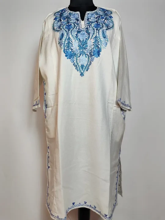 Nargis Pheran White with Aari Embroidery in Cashmilon Wool