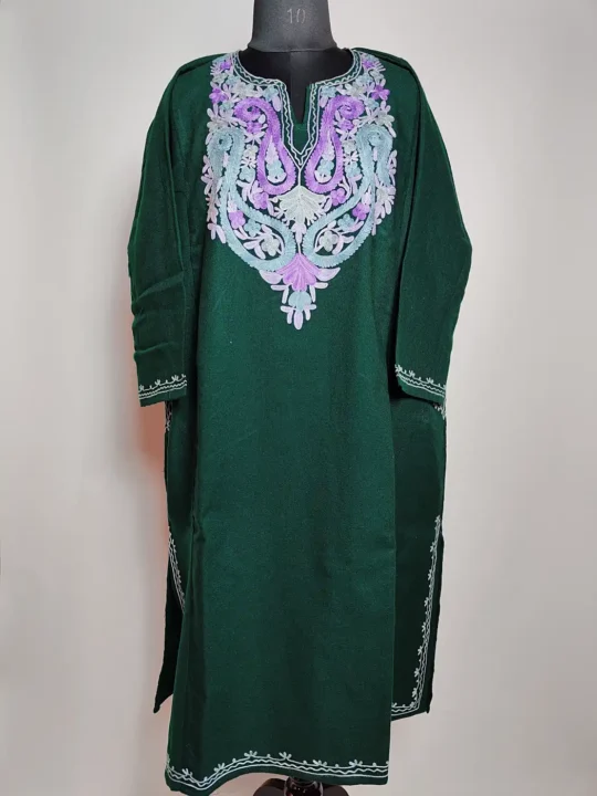 Bottle Green Pheran Saniya in Cashmilon Wool with Aari Embroidery