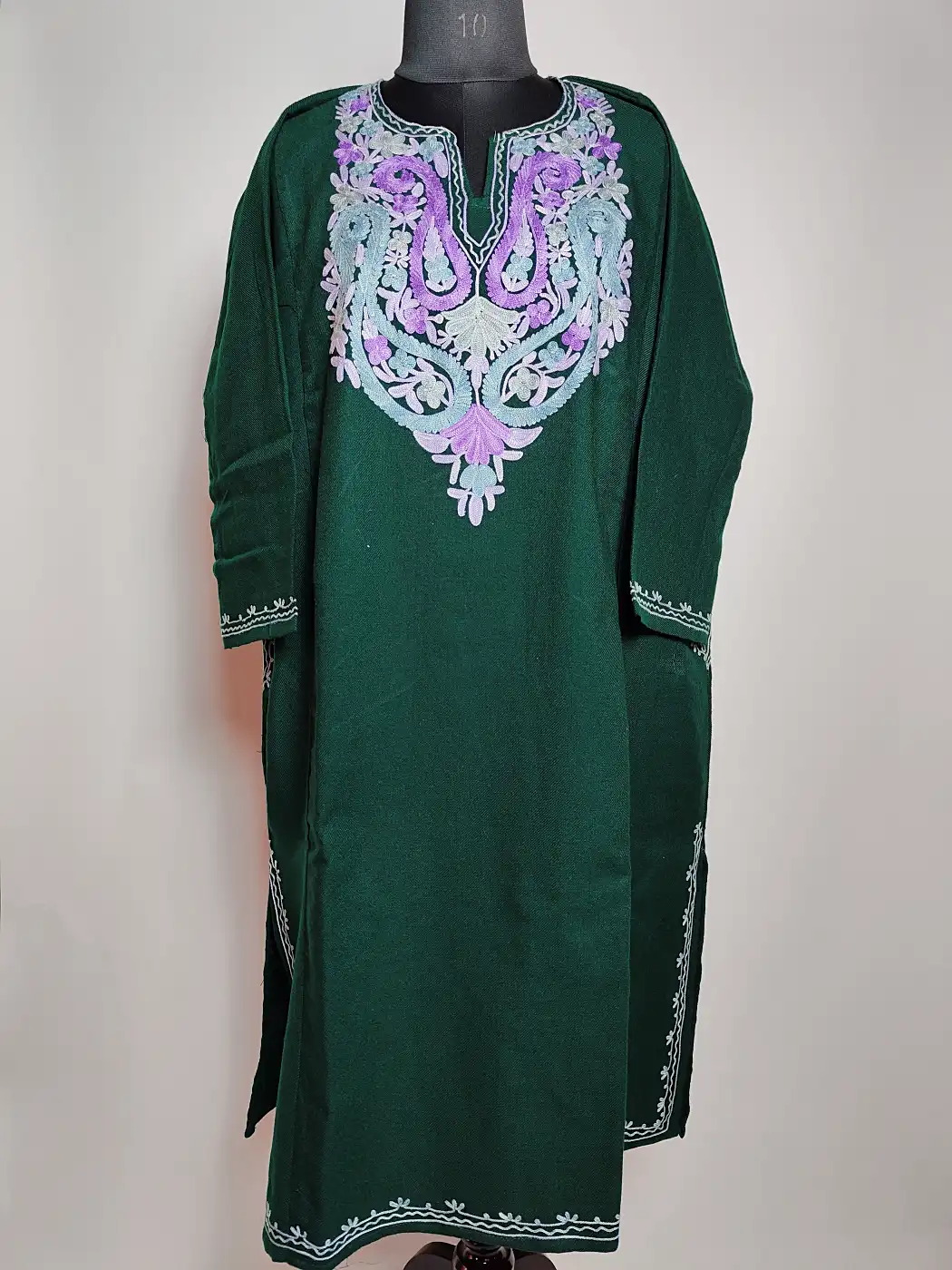 Bottle Green Pheran Saniya in Cashmilon Wool with Aari Embroidery