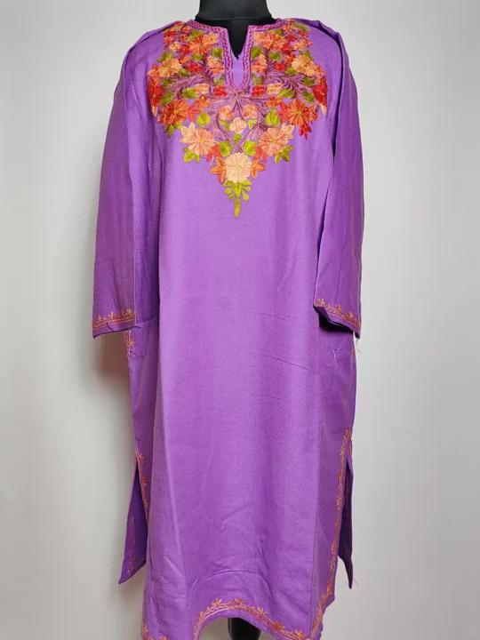 Woolen Purple Eshal Pheran in Cashmilon Wool with Aari Embroidery