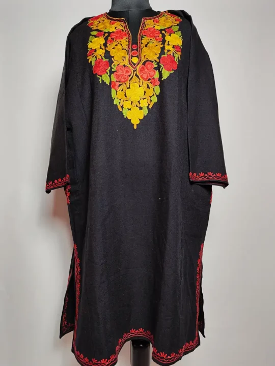Embroidered Black Pheran Chaman with Aari in Cashmilon Wool