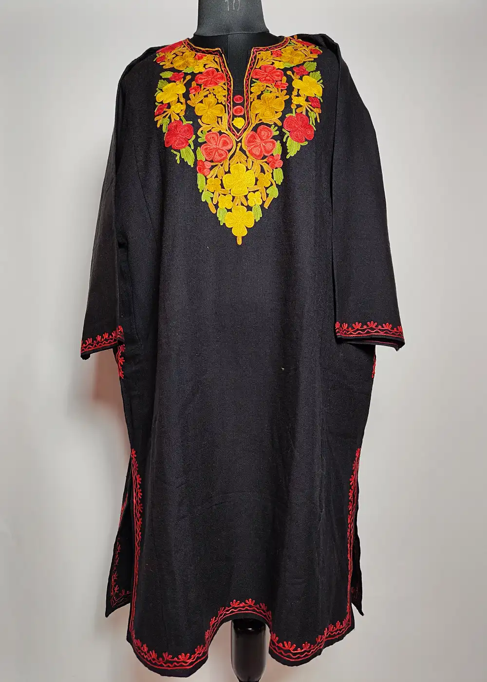Embroidered Black Pheran Chaman with Aari in Cashmilon Wool