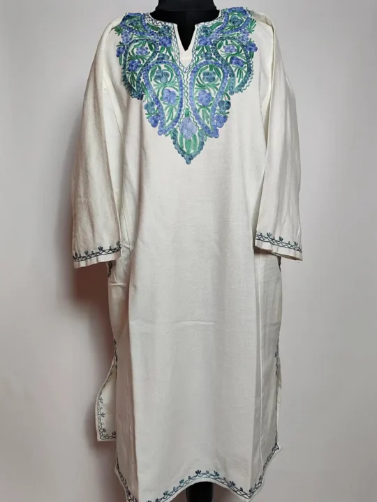 Woolen White Pheran Bahar with Aari Embroidery in Cashmilon