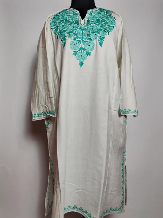 White Embroidered Pheran with Aari in Cashmilon Wool Yasmin