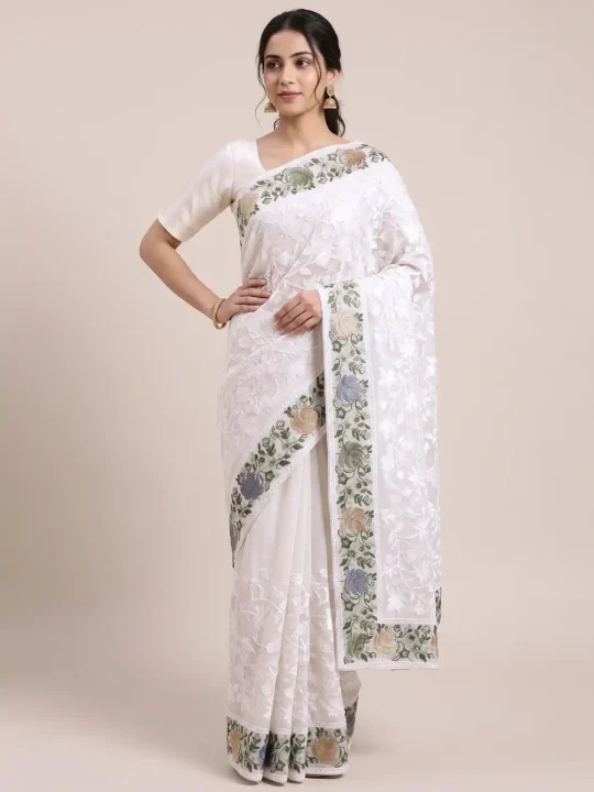 White Georgette Saree with Aari Embroidery Noor