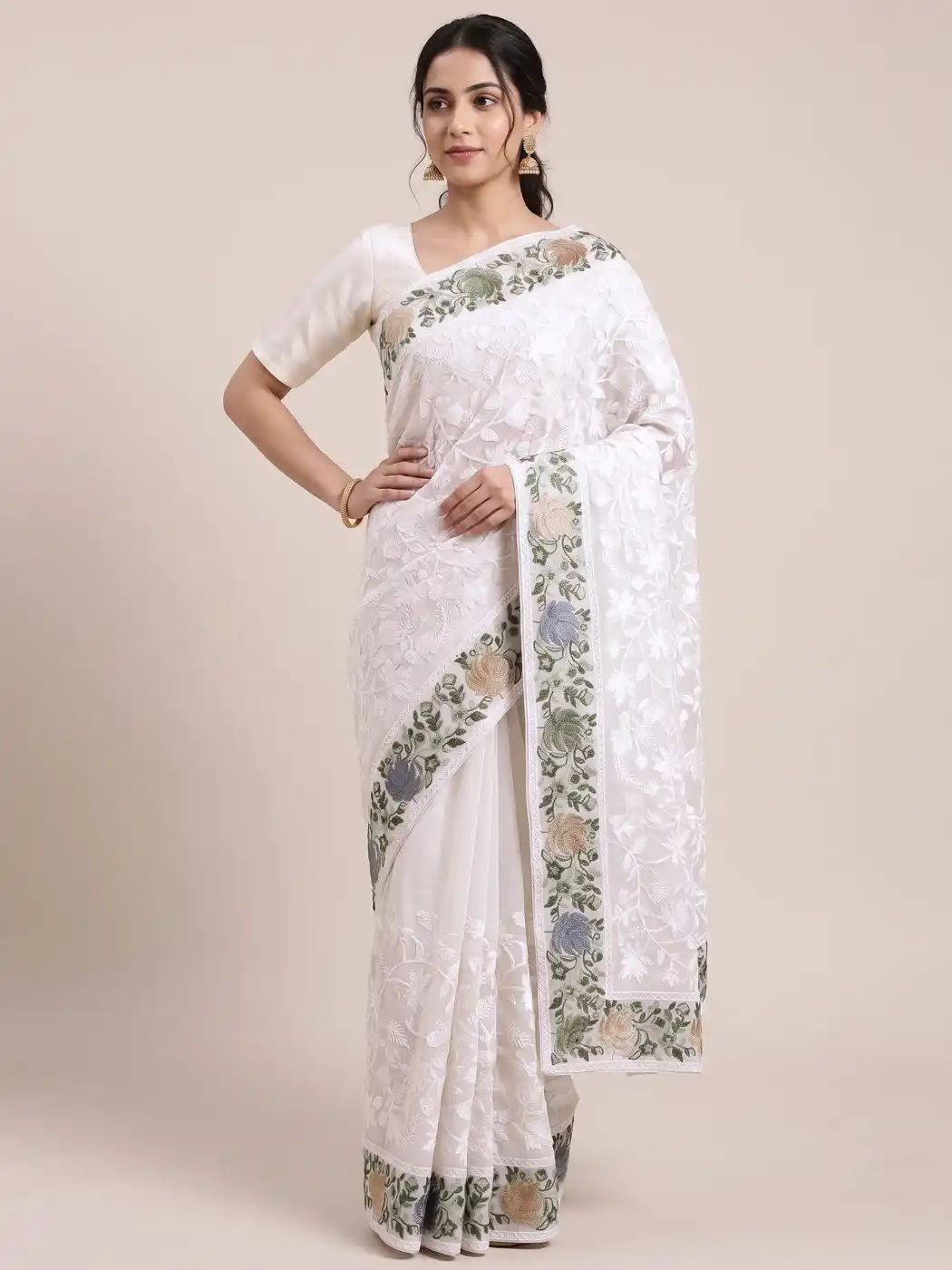 White Georgette Saree with Aari Embroidery Noor