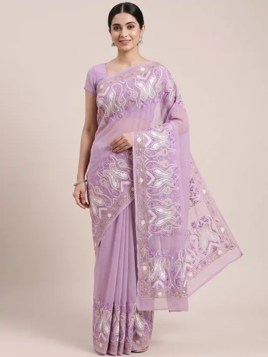 Georgette Rabita Purple Saree with Aari Embroidery