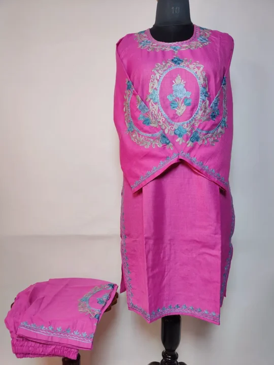 Long Pink Kashmiri Ruby Cotton Kurta Set with Aari Embroidery Abeer