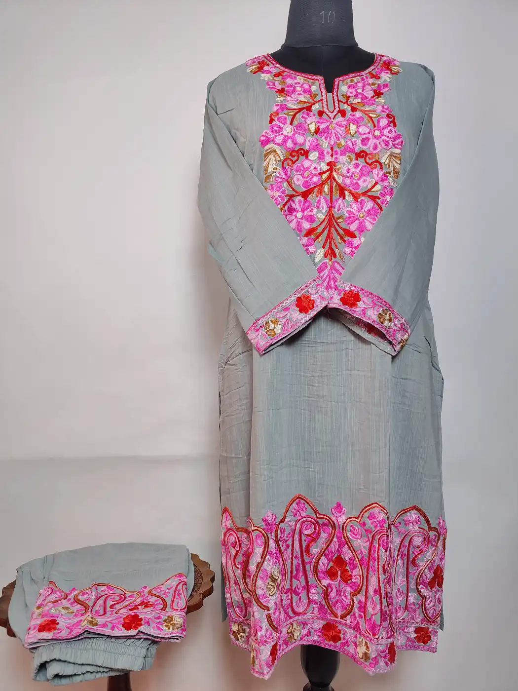 Grey Long Summer Cool Cotton Kurti Set with Aari Work