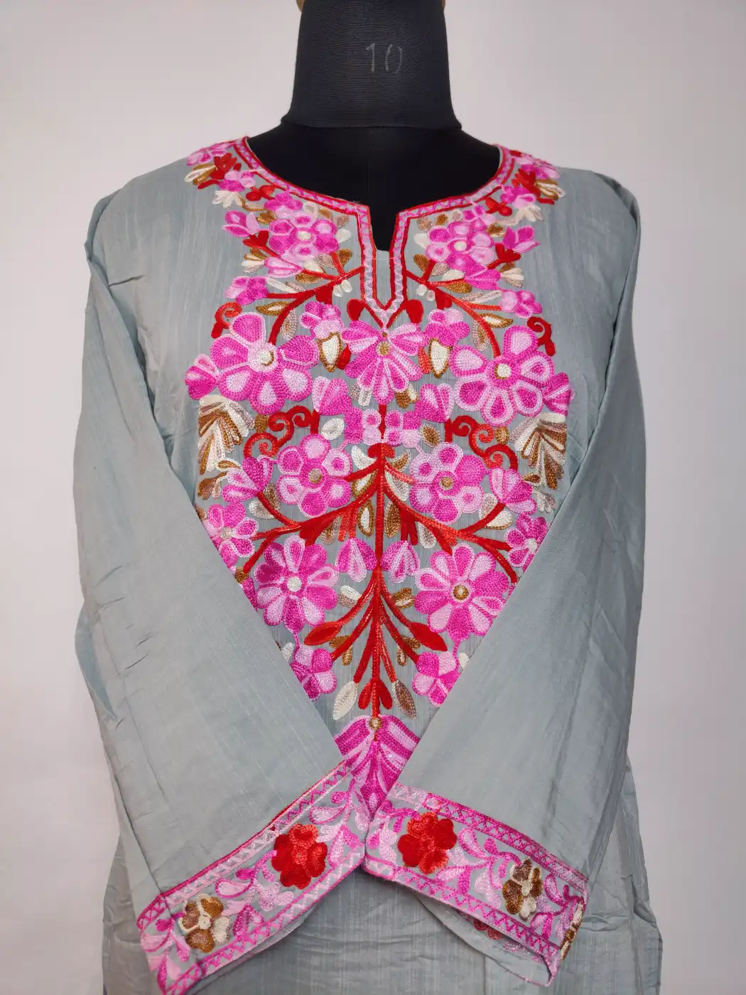 Grey Long Summer Cool Cotton Kurti Set with Aari Work - Image 2