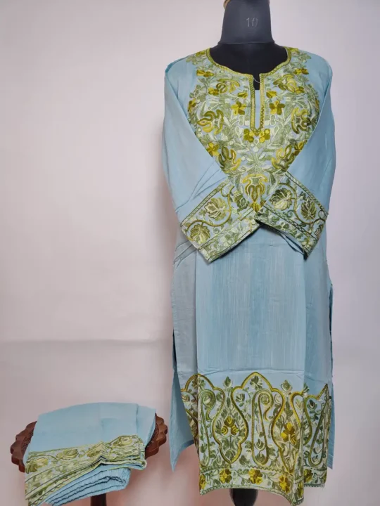 Long Blue Summer Cool Cotton Kurti Set with Aari Work Gulnar