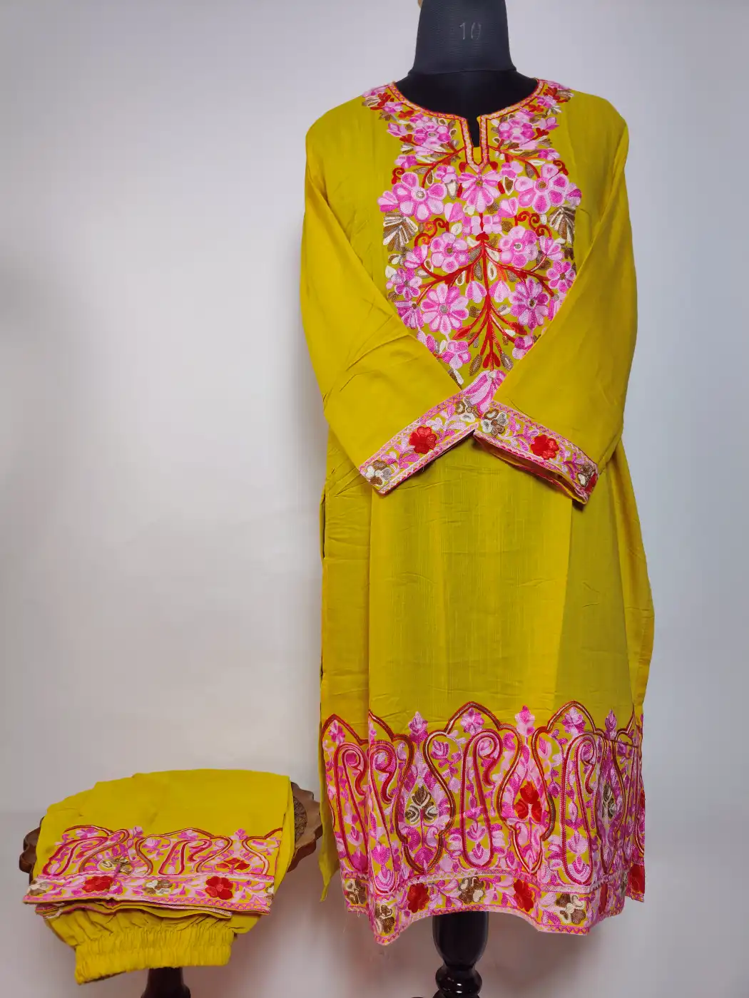 Yellow Long Summer Cool Cotton Kurti Set with Aari Work Zareen