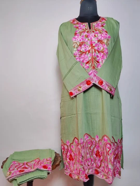 Eman Green Long Summer Cool Cotton Kurti Set with Aari Work