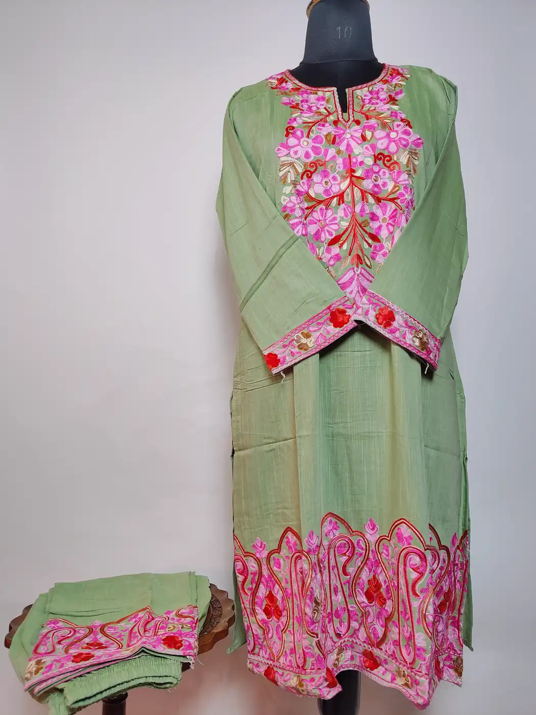 Eman Green Long Summer Cool Cotton Kurti Set with Aari Work