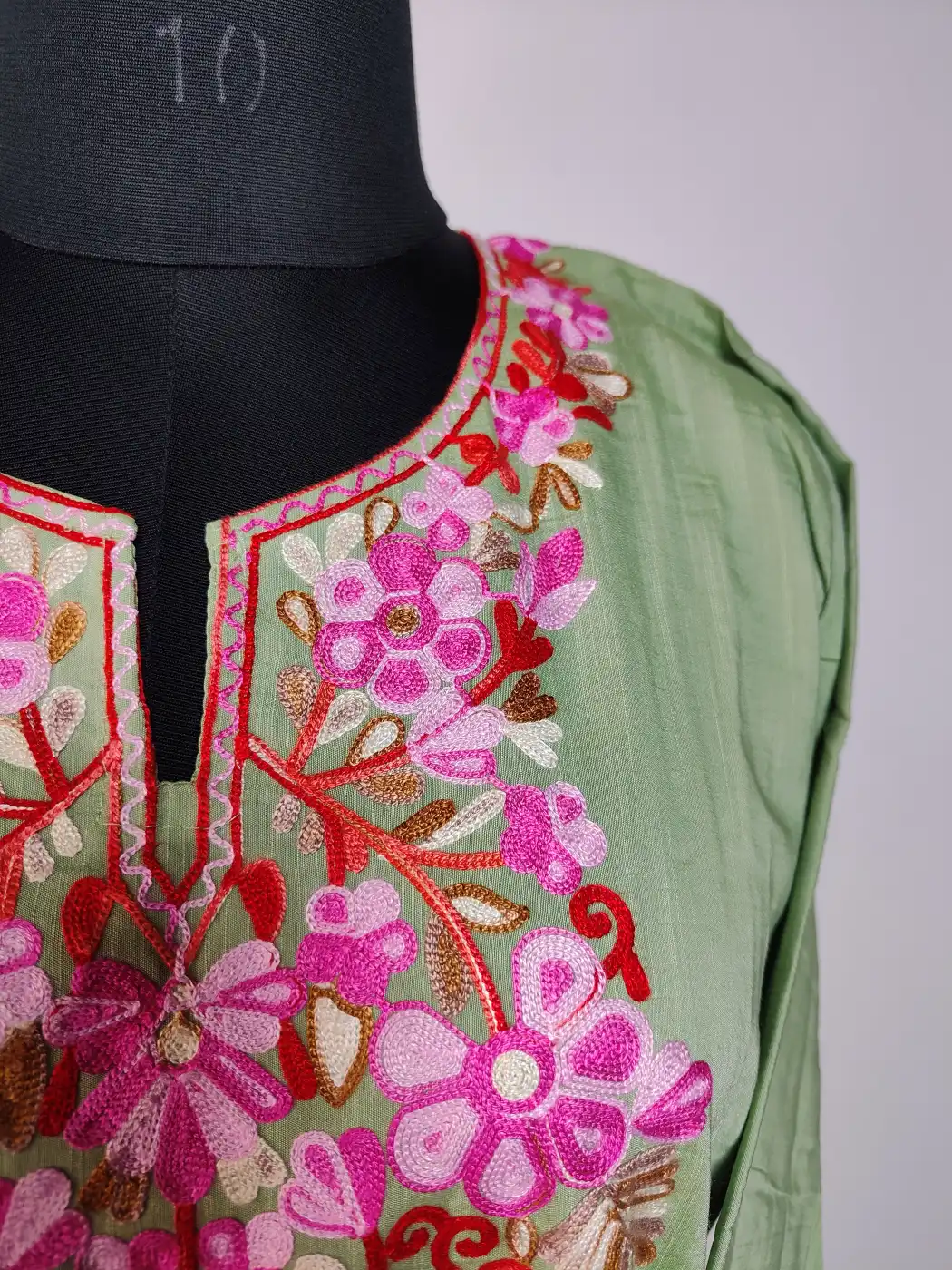Eman Green Long Summer Cool Cotton Kurti Set with Aari Work - Image 3